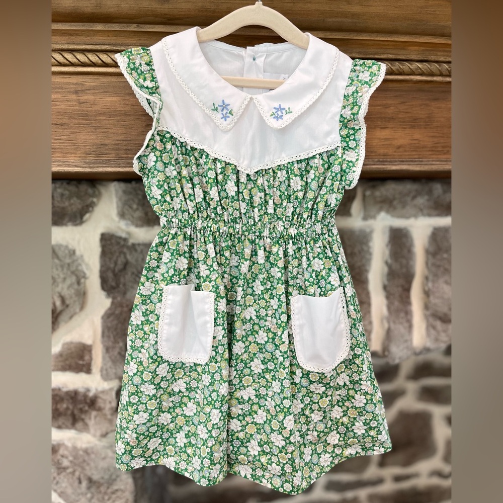 The Proper Peony green floral dress embroidered collar detail 3t